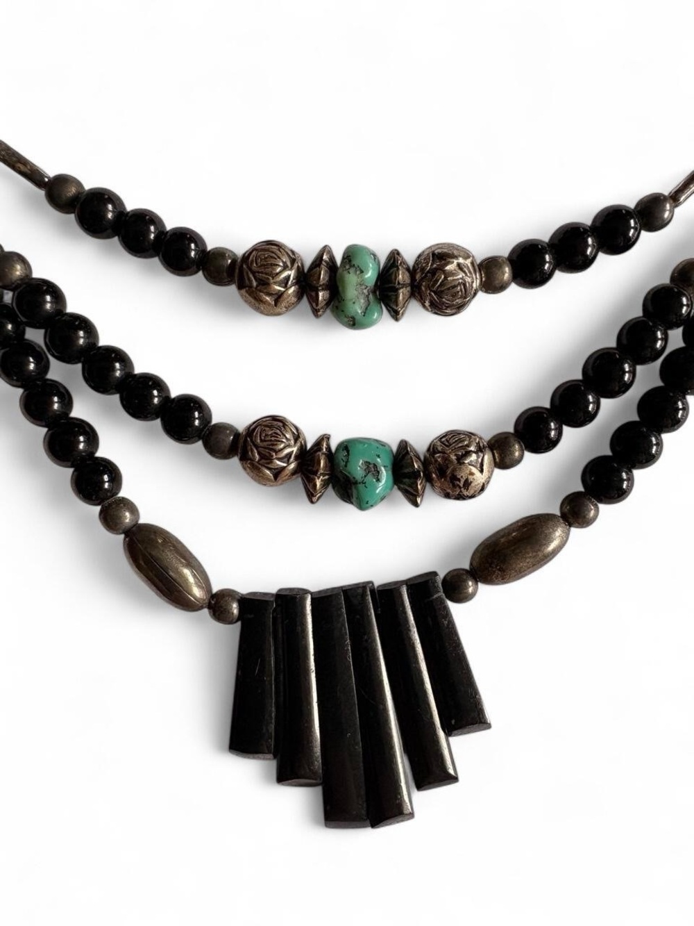 Boho Silver, Black & Turquoise Layered Bead Necklace